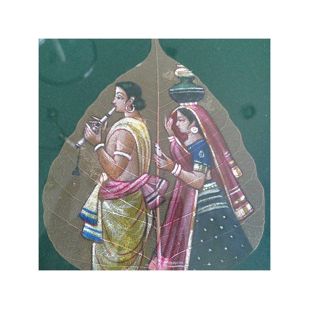 Set of 2 Framed Hand Painted Oil Paintings  Real Skeleton Pipal Tree Leaf INDIA